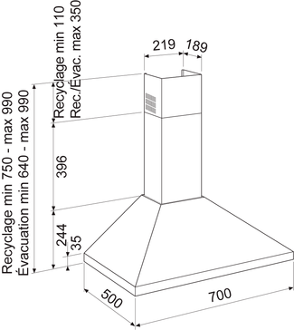 Dessin technique Hotte pyramide 70 cm <br> - AHP775IX - Airlux