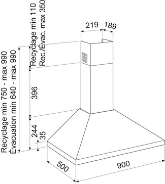 Dessin technique Hotte murale pyramide 90 cm <br> - AHP975IX - Airlux