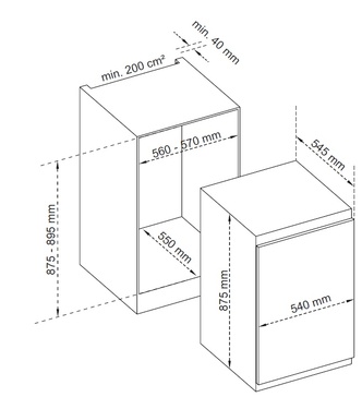 Dessin technique Réfrigérateur 1 porte niche 88 cm <br> - ARI120 - Airlux