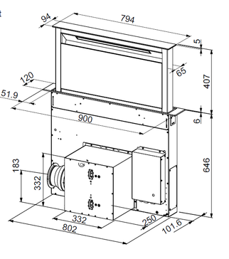 Dessin technique Hotte plan de travail télescopique 90 cm <br> - AHV972BK - Airlux