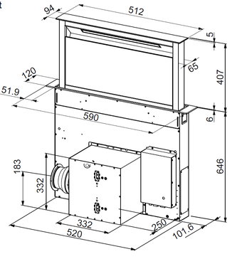 Dessin technique Hotte plan de travail télescopique 60 cm <br> - AHV659BK - Airlux