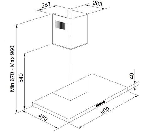 Dessin technique Hotte murale box fine 60 cm <br> - AHBF670IX - Airlux