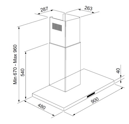 Dessin technique Hotte murale box fine 90 cm <br> - AHBF970IX - Airlux