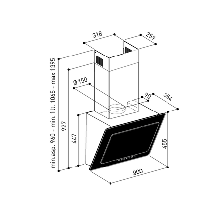 Dessin technique Hotte murale inclinée 90 cm <br> - AHMI971BK - Airlux