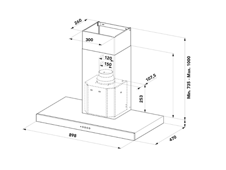 Dessin technique Hotte décorative murale box 90 cm - AHB970IX - Airlux