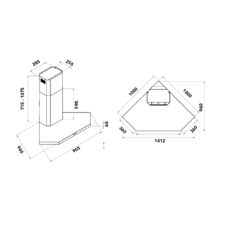 Dessin technique Hotte murale d'angle 100 cm - AHA1071IX - Airlux