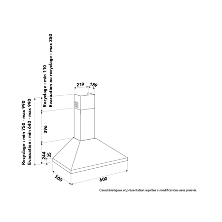 Dessin technique Hotte murale pyramide 60 cm <br> - AHP660BK - BIENTOT DISPONIBLE - Airlux