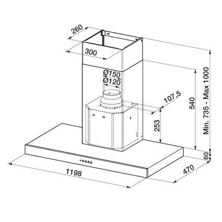 Dessin technique Hotte murale box 120 cm <br> - AHB1280IX - Airlux