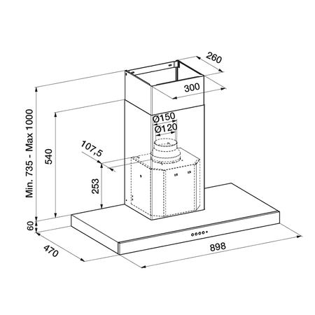 Dessin technique Hotte murale box 90 cm <br> - AHB980IX - Airlux