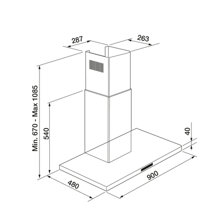 Dessin technique Hotte murale box fine 90 cm <br> - AHBF970BK - Airlux