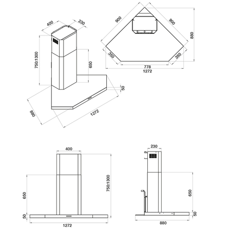 Dessin technique Hotte d'angle 127,2 cm <br> - AHK128IX - Airlux